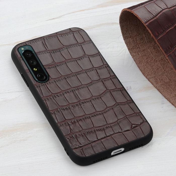 Bild 3, Sony Xperia 1 IV Skal Äkta Läder Krokodil Textur Brun