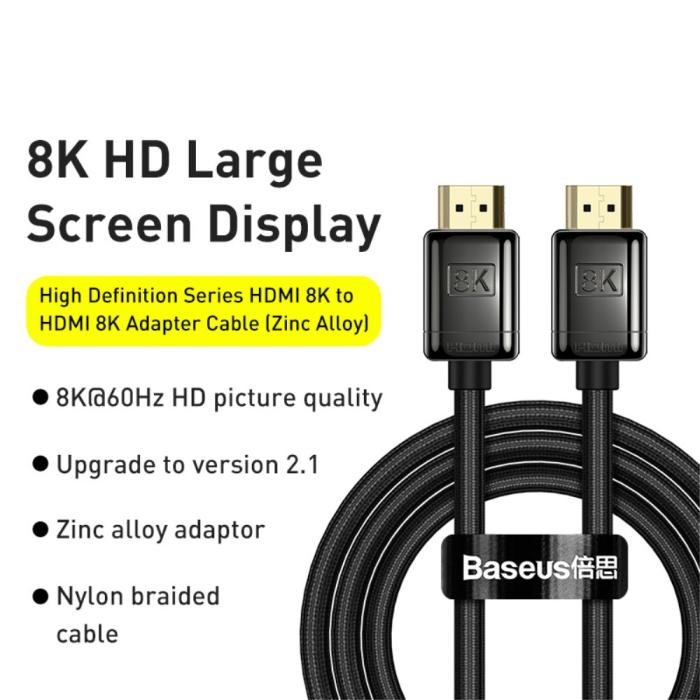 Bild 2, Baseus 2m 8K HD 60Hz HDMI - HDMI Nylon Kabel Svart