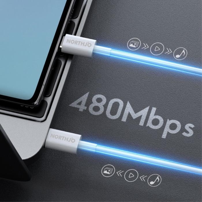 Bild 3, NORTHJO 1m 100W PD USB-C - USB-C Snabbladdnings Kabel Vit