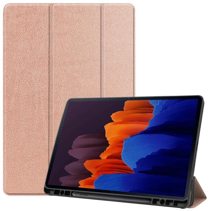 Bild 1, Samsung Galaxy Tab S7 Plus / Tab S8 Plus Tri-Fold Fodral Pennhållare Roséguld