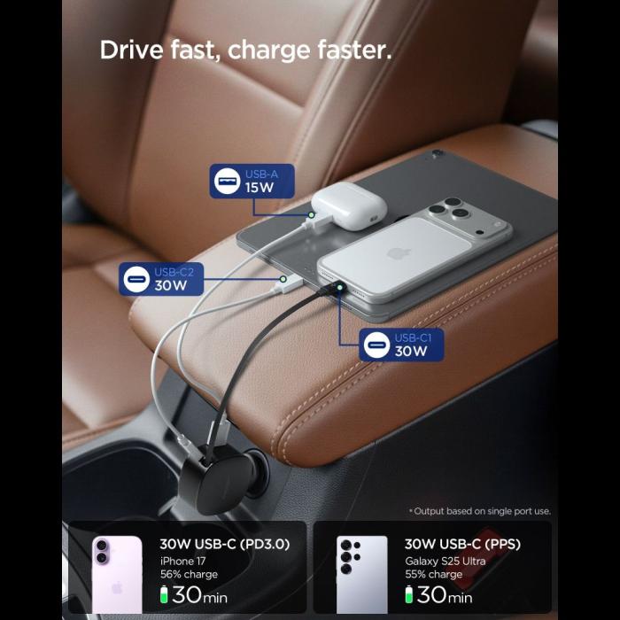 Bild 3, Spigen 60W USB-C / USB-A Billaddare Essentail Svart