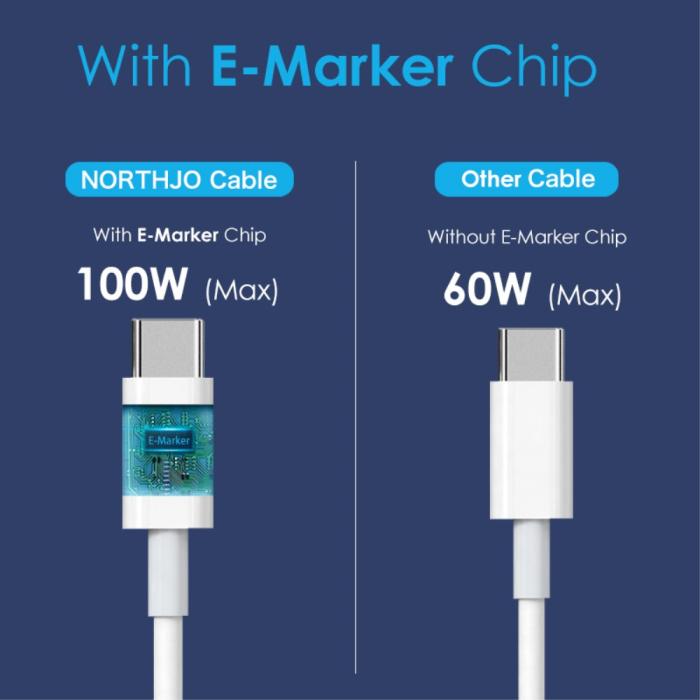 Bild 5, NORTHJO 2m 100W PD USB-C - USB-C Snabbladdnings Kabel Vit