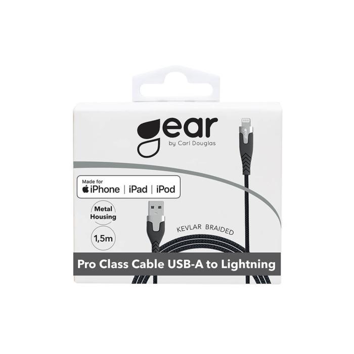Bild 2, GEAR Laddkabel PRO MFi USB-A - Lightning 1.5m Kevlarkabel Svart
