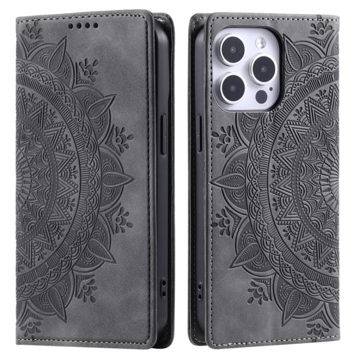 Bild 1, iPhone 16 Pro Max Fodral Mandala Flip Läder Grå