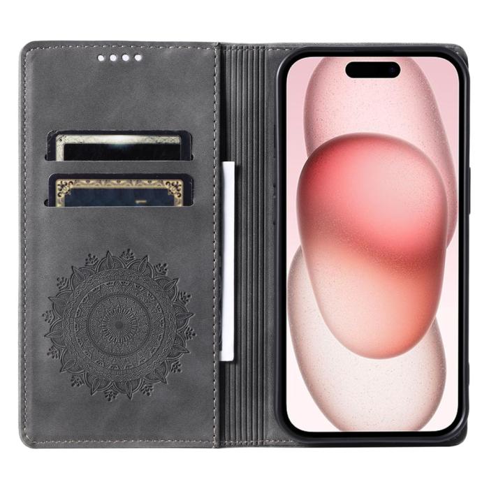 Bild 2, iPhone 16 Pro Max Fodral Mandala Flip Läder Grå