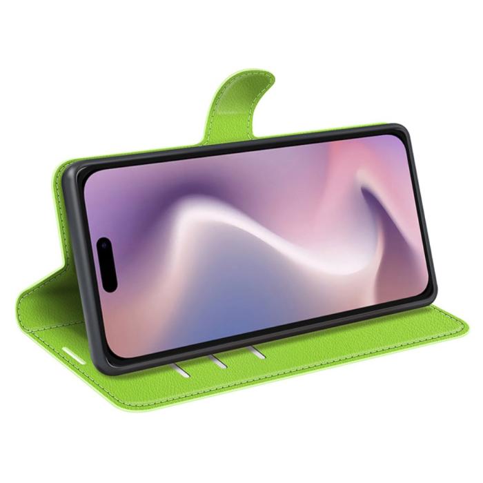 Bild 3, iPhone 16 Plus Fodral Litchi Läder Grön