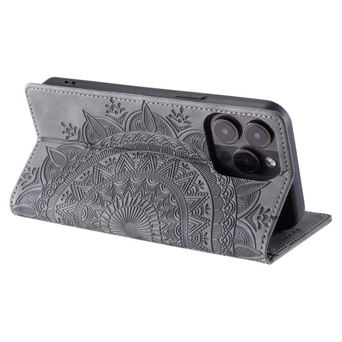 Bild 4, iPhone 16 Pro Max Fodral Mandala Flip Läder Grå