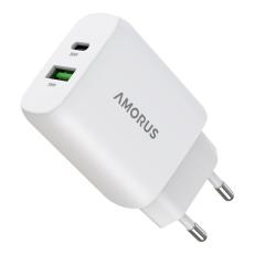 Amorus 30W GaN PD QC USB-C / USB-A Väggladdare Vit