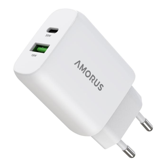 Bild 1, Amorus 30W GaN PD QC USB-C / USB-A Väggladdare Vit