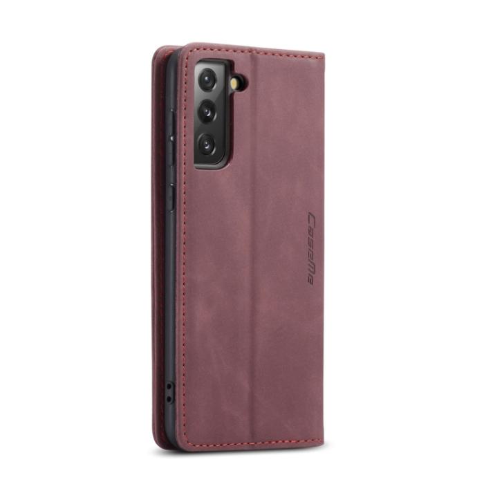 Bild 3, CASEME Samsung Galaxy S21 FE Fodral Retro Flip Läder Vinröd