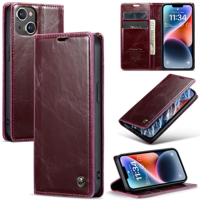 Bild 1, CASEME iPhone 15 Plus Fodral Oil Wax Flip Vinröd