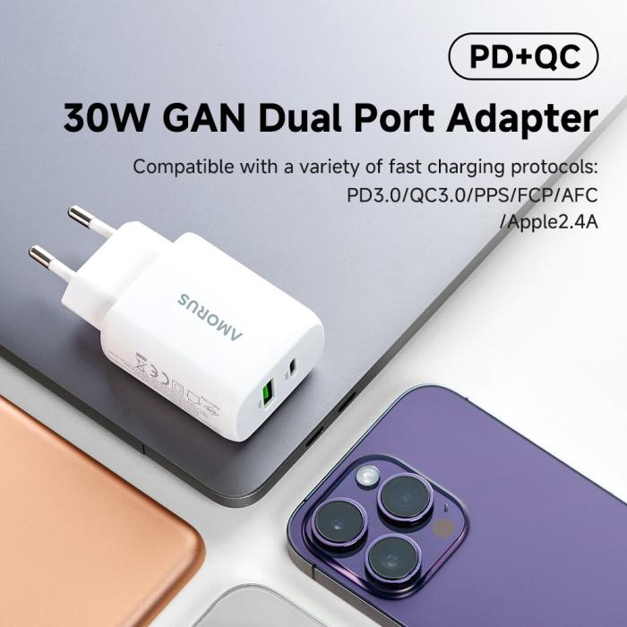 Bild 6, Amorus 30W GaN PD QC USB-C / USB-A Väggladdare Vit