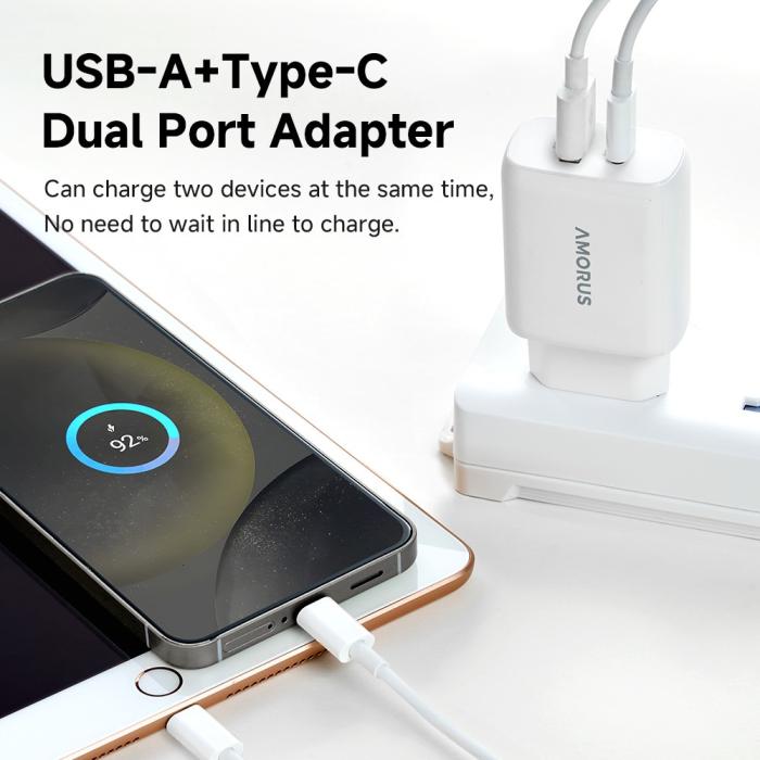 Bild 7, Amorus 30W GaN PD QC USB-C / USB-A Väggladdare Vit