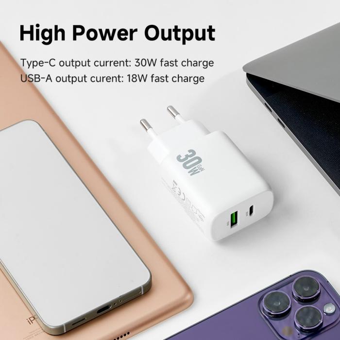 Bild 9, Amorus 30W GaN PD QC USB-C / USB-A Väggladdare Vit