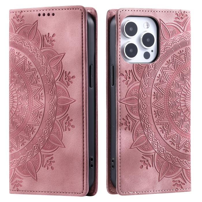 Bild 1, iPhone 16 Pro Max Fodral Mandala Flip Läder Roséguld