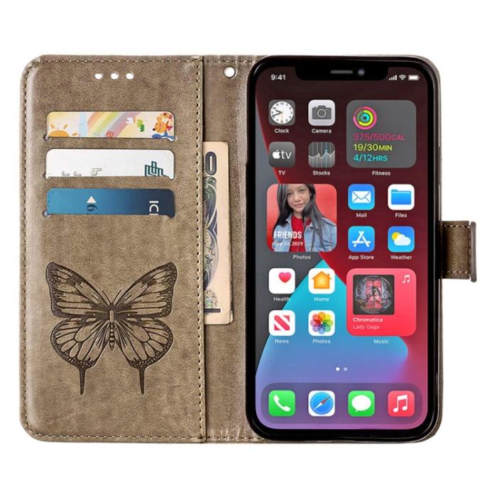 Bild 3, iPhone 14 Pro Max Fodral Fjäril Tryck Grå