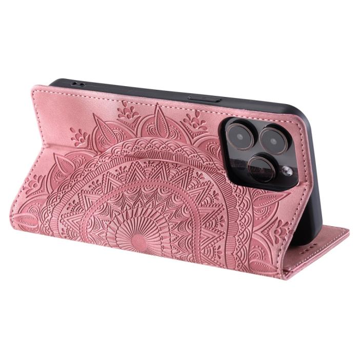 Bild 4, iPhone 16 Pro Max Fodral Mandala Flip Läder Roséguld