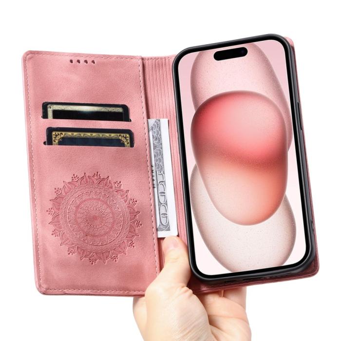 Bild 5, iPhone 16 Pro Max Fodral Mandala Flip Läder Roséguld