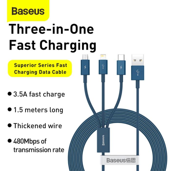 Bild 2, BASEUS 1.5 m 3in1 USB-C/Lightning/MicroUSB Blå