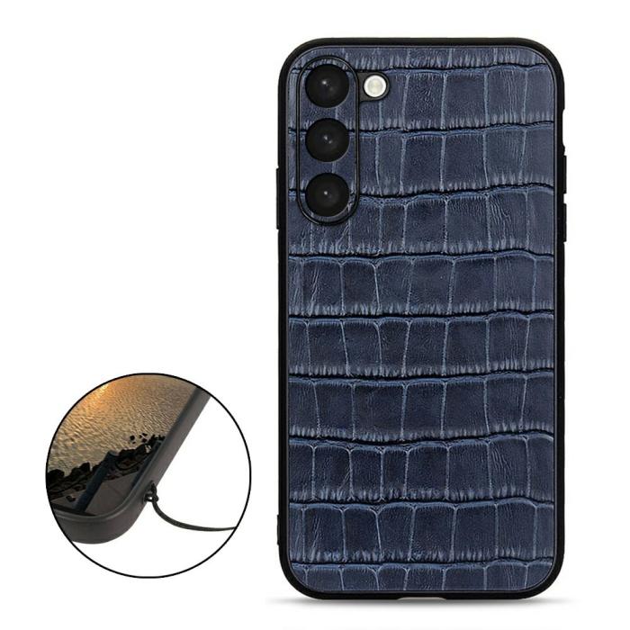 Bild 2, Samsung Galaxy S23 Plus Skal Äkta Läder Krokodil Textur Blå
