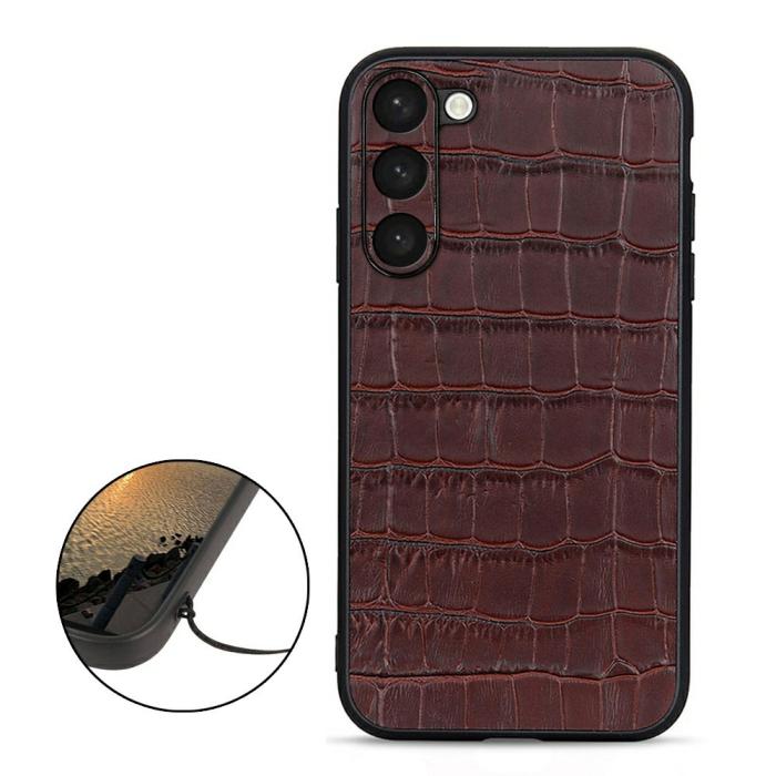 Bild 2, Samsung Galaxy S23 Plus Skal Äkta Läder Krokodil Textur Brun