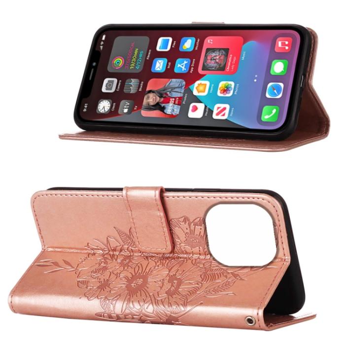 Bild 4, iPhone 14 Pro Max Fodral Fjäril Tryck Roséguld