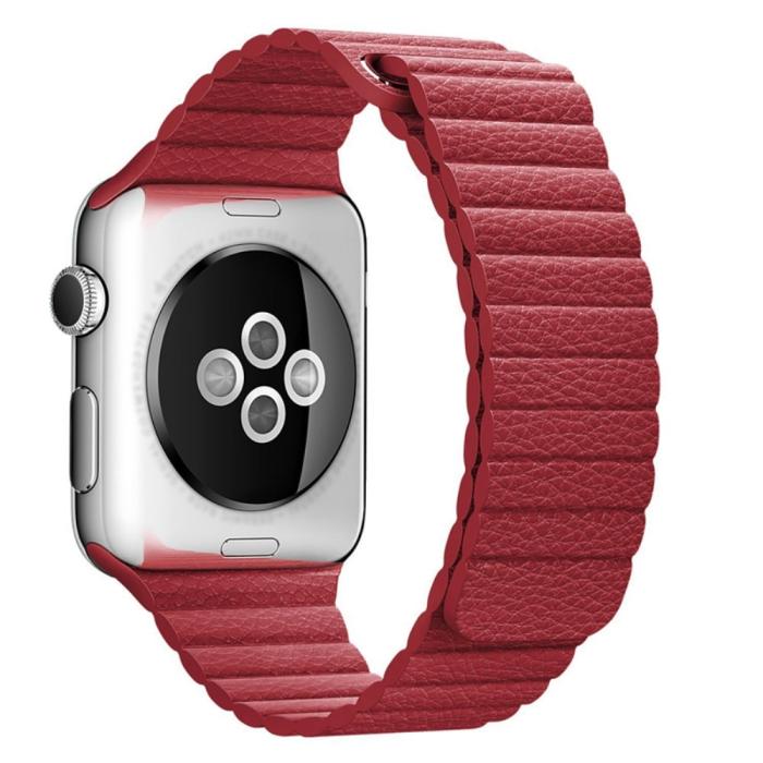 Bild 1, Magnetisk Loop Armband I Äkta Läder Apple Watch 44/42 mm Röd