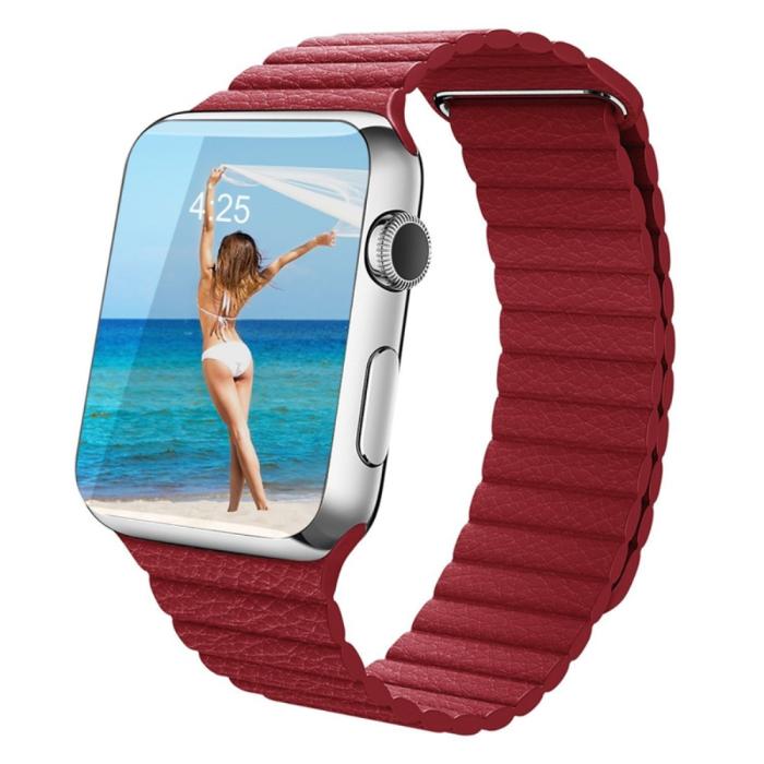 Bild 2, Magnetisk Loop Armband I Äkta Läder Apple Watch 44/42 mm Röd