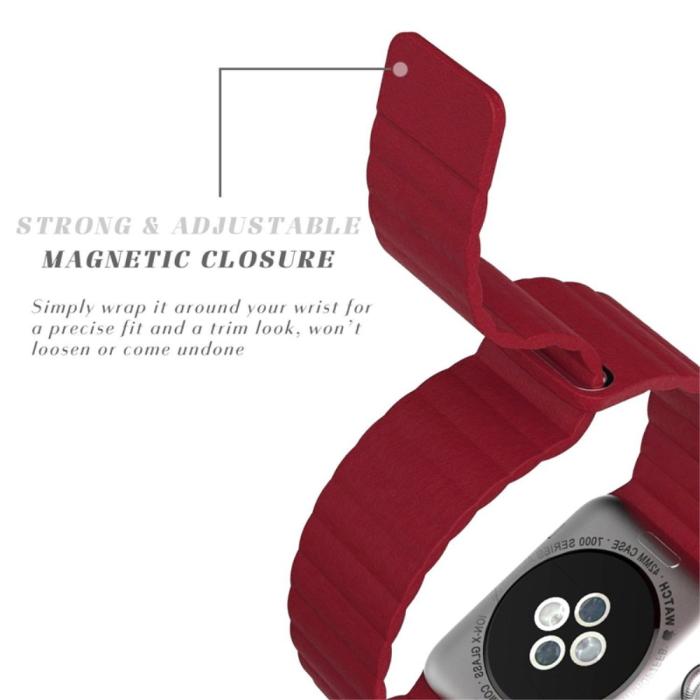 Bild 4, Magnetisk Loop Armband I Äkta Läder Apple Watch 44/42 mm Röd