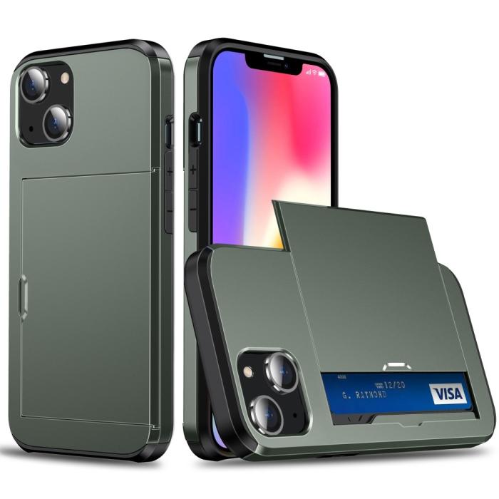 Bild 1, iPhone 15 Skal Hybrid Med Kortfack Militär Grön