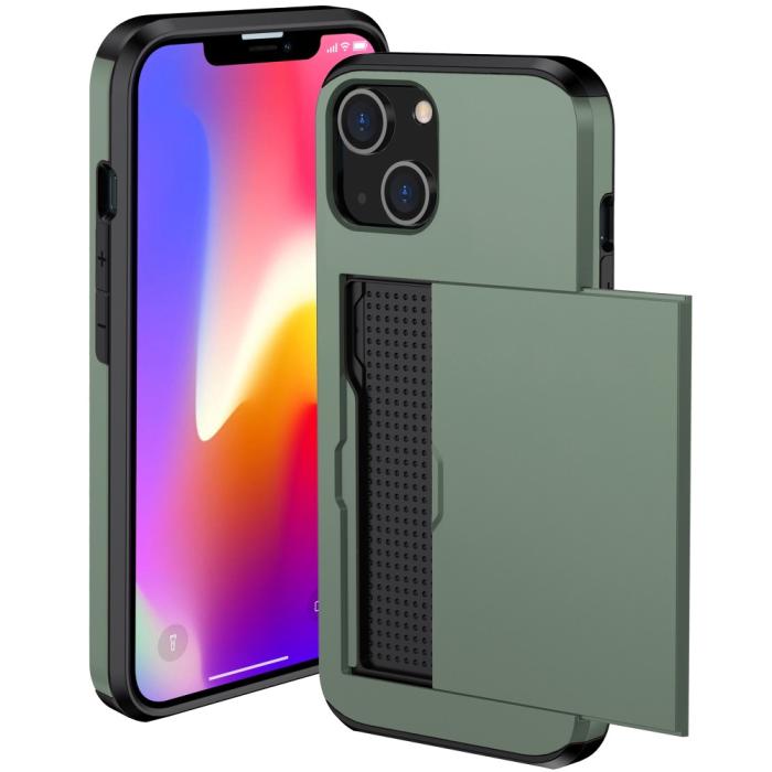 Bild 2, iPhone 15 Skal Hybrid Med Kortfack Militär Grön
