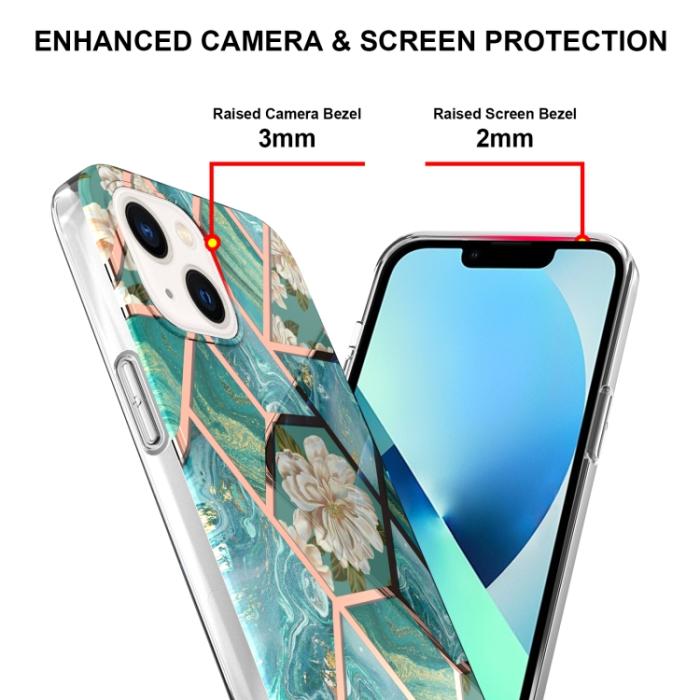 Bild 4, iPhone 14 Skal Marmor TPU Blå/Grön Blomma