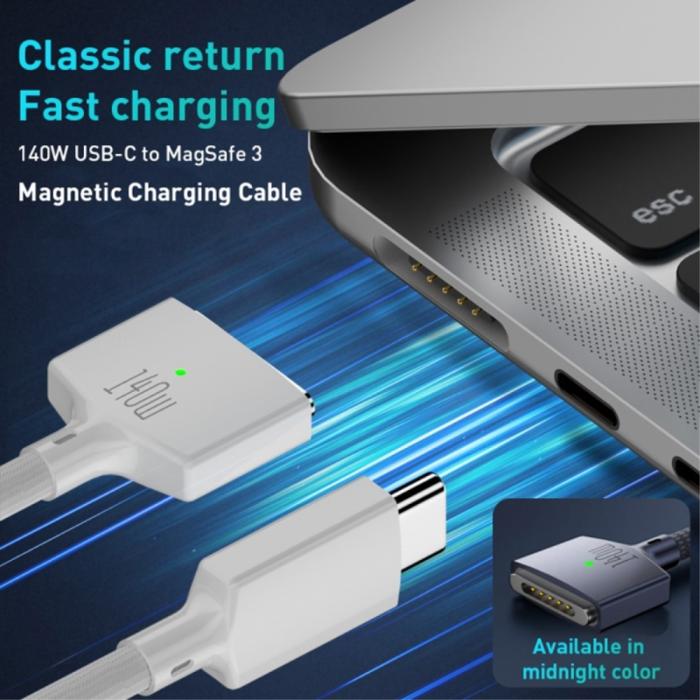 Bild 2, 2m 140W PD USB-C - MagSafe 3 Magnetisk Nylon Kabel Vit