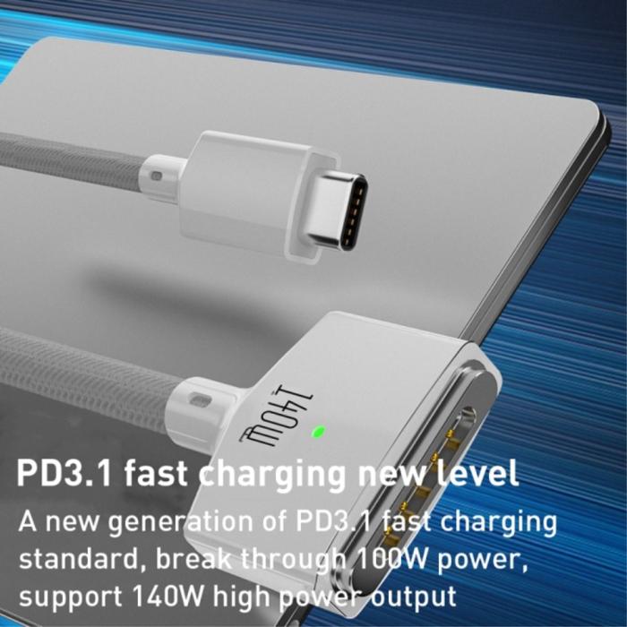 Bild 3, 2m 140W PD USB-C - MagSafe 3 Magnetisk Nylon Kabel Vit