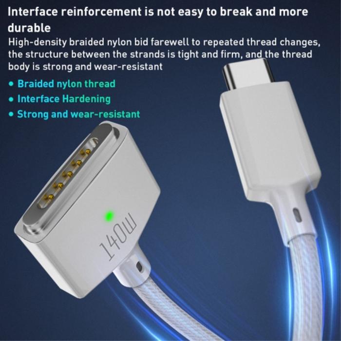 Bild 4, 2m 140W PD USB-C - MagSafe 3 Magnetisk Nylon Kabel Vit