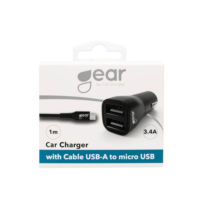 Bild 2, GEAR Billaddare 2xUSB 3.4A MicroUSB Kabel 1m Svart