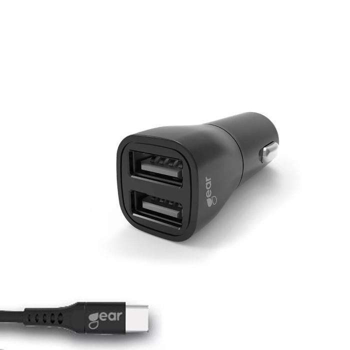 Bild 1, GEAR Billaddare 2xUSB 3.4A USB-C Kabel 1m Svart