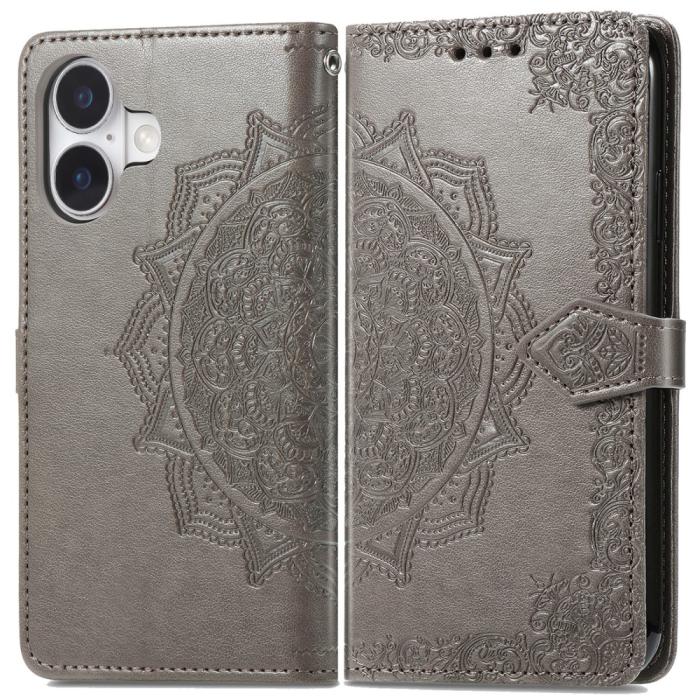 Bild 1, iPhone 16 Fodral Mandala Läder Grå