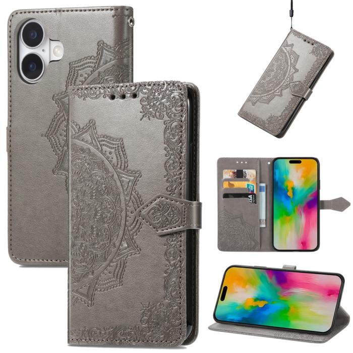 Bild 6, iPhone 16 Fodral Mandala Läder Grå
