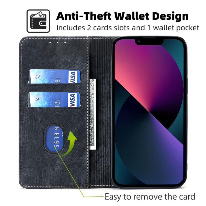 Bild 2, iPhone 15 Plus Fodral RFID Flip Retro Brun