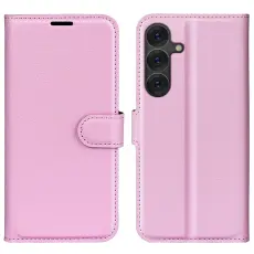 Samsung Galaxy S25 Plus Fodral Litchi L&auml;der Ljus Rosa
