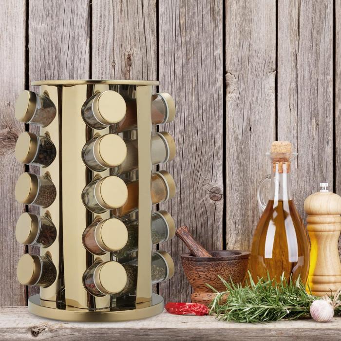 Bild 3, Roterande kryddställ med 20 glasburkar - Guld