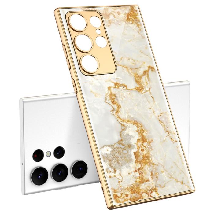 Bild 1, GKK Galaxy S24 Ultra Skal Härdat Glas Electroplate Marmor Guld