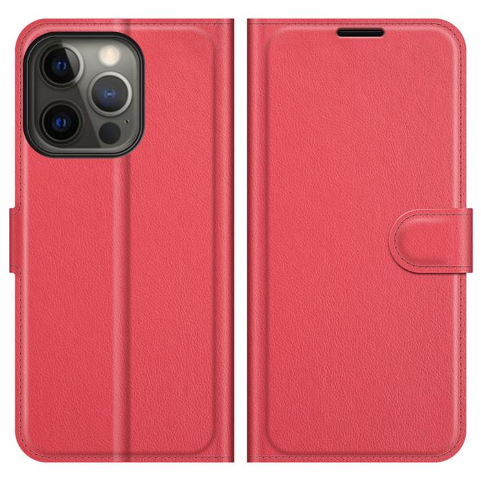Bild 1, iPhone 13 Pro Max - Litchi Slim Läder Fodral - Röd