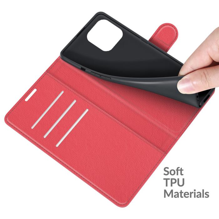 Bild 4, iPhone 13 Pro Max - Litchi Slim Läder Fodral - Röd