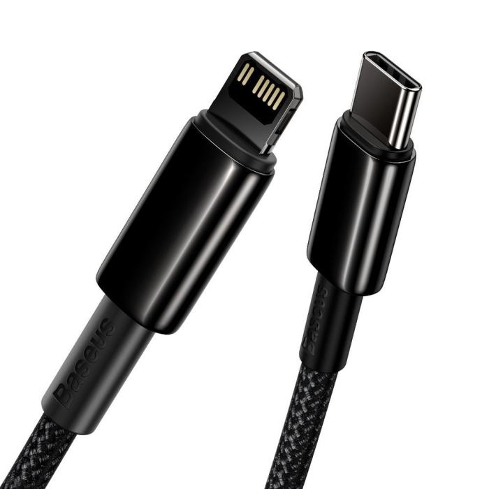 Bild 2, Baseus 2m 20W PD USB-C - Lightning Flätad Nylon Kabel - Svart