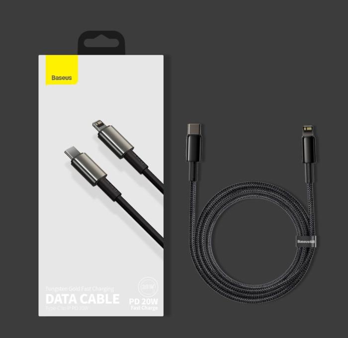 Bild 5, Baseus 2m 20W PD USB-C - Lightning Flätad Nylon Kabel - Svart
