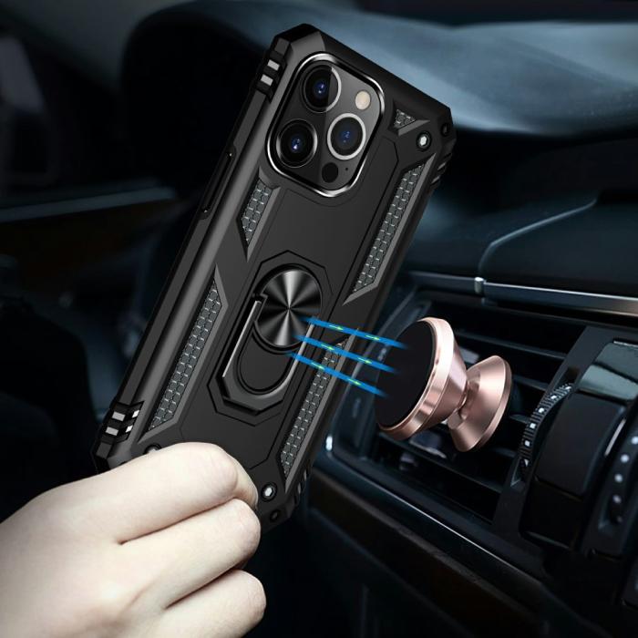 Bild 3, iPhone 13 Pro Max - Shockproof Hybrid Armor Ring Skal - Svart