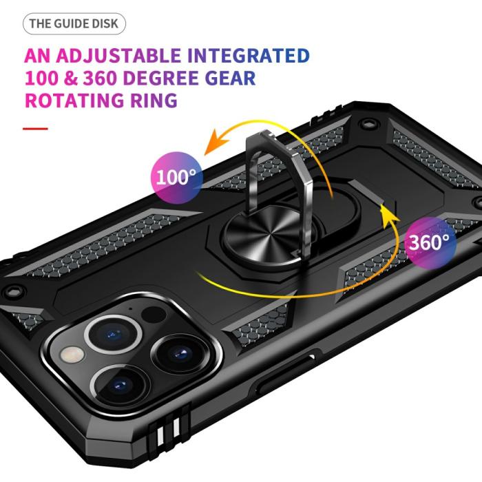Bild 5, iPhone 13 Pro Max - Shockproof Hybrid Armor Ring Skal - Svart