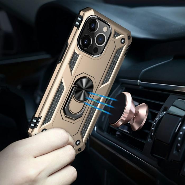 Bild 3, iPhone 13 Pro Max - Shockproof Hybrid Armor Ring Skal - Guld